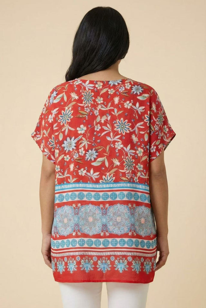 Dolman Sleeve Border Print Top