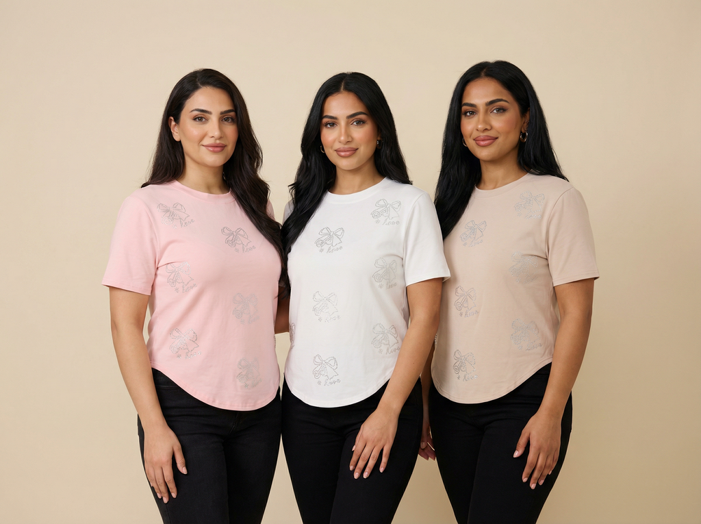 Diamond Bow & "Love" Embellished Curved-Hem Tee (6 Color Options)