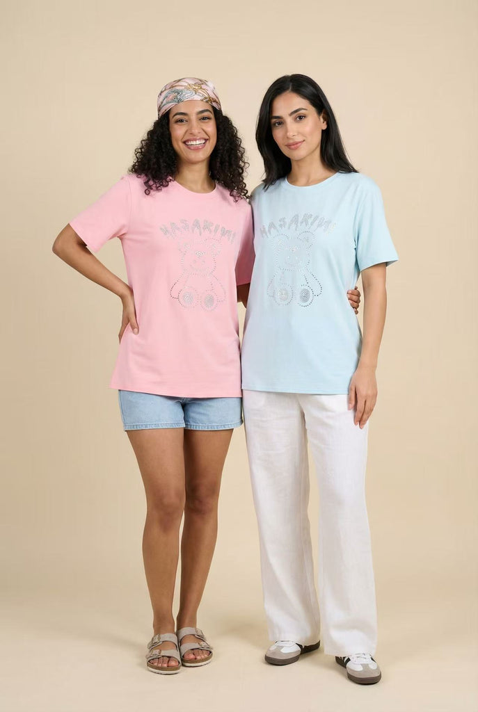 Bear & Letter Rhinestone Short-Sleeve Tee (Multiple Color Options)