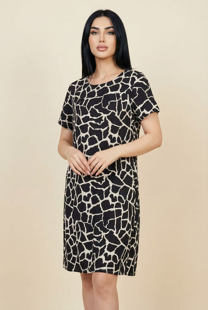 Short-Sleeve Abstract Print Shift Dress (Multiple Styles Available)