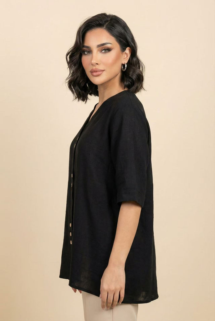 Linen-Blend V-Neck Button-front Top (Multiple Colors Available)