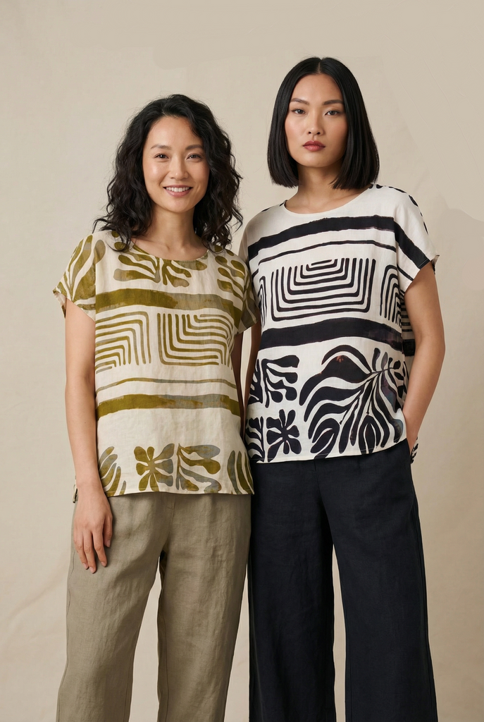 Abstract Print Linen-Blend Blouse (4 Color Options)