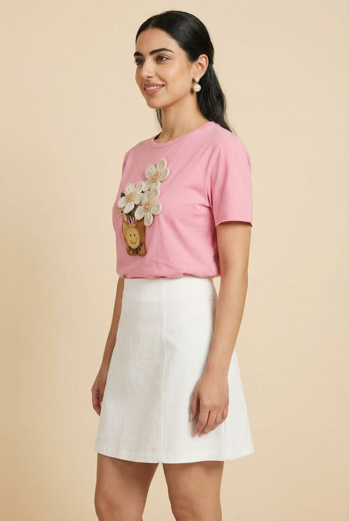 3D Flower-Appliqué Short-Sleeve Tee (Multiple Color Options)