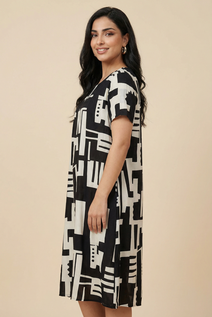 Abstract Geometry Loose-Fit Midi Dress (4 Color Variants)